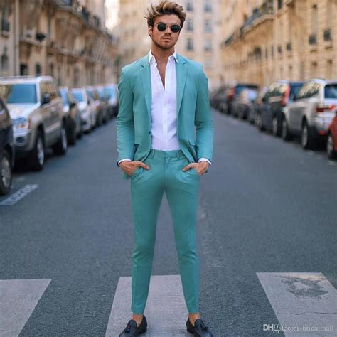 Handsome Teal Slim Fit Mens Prom Suits Notched Lapel Groomsmen Tux Beach Wedding Tuxedos For Men