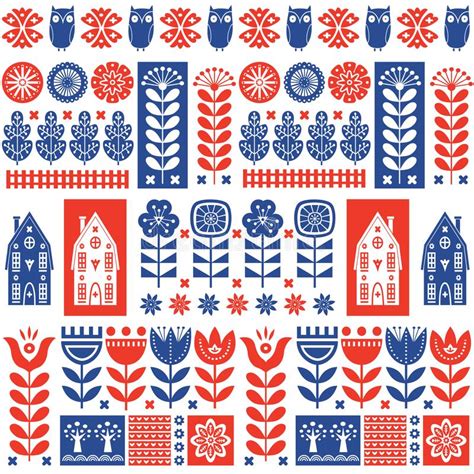 Scandinavian Folk Art Seamless Vector Pattern With Leaves Lines And