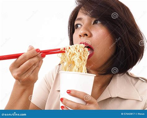 Busy Asian Woman Eating Instant Noodles Stock Image Image Of Eating Lunch 57642817