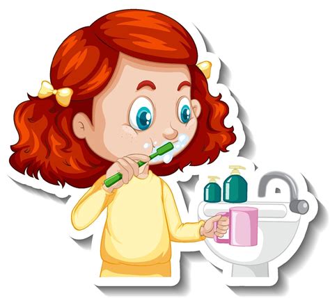 Cartoon Character Sticker With A Girl Brushing Teeth 3031724 Vector Art