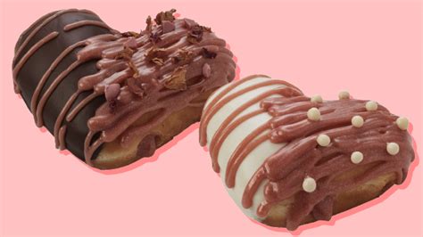 The 2021 valentine's day lineup includes: Krispy Kreme's New Valentine's Doughnuts And Drink Use Ruby Chocolate