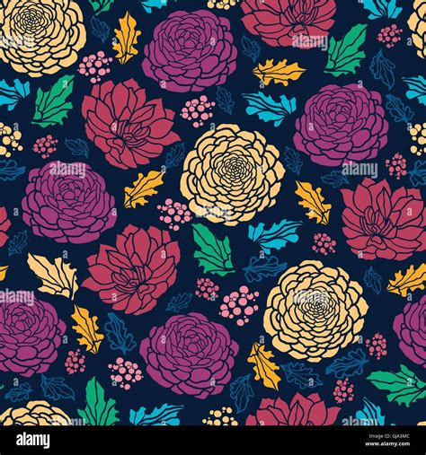 Colorful Vibrant Flowers On Dark Seamless Pattern Background Stock