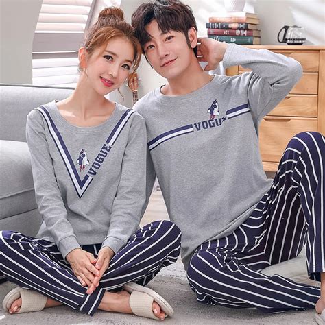 Autumn Winter 100 Cotton Long Sleeve Couple Pajamas Round Neck Loose Plus Size M 3xl 2piece Set