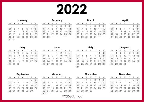 The month calendars are available in multiple styles that are free to download, edit, or print in three available document formats: 2022 Calendar Printable Free, Horizontal, Red, HD - Sunday Start - NYCDesign.co | Calendars ...