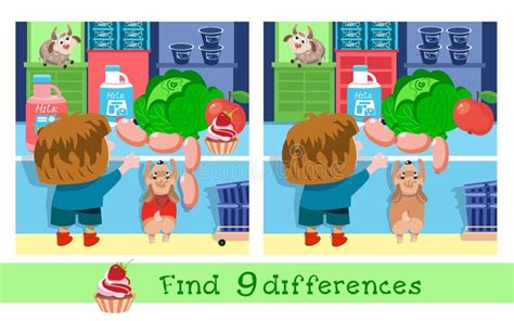 Find 9 Differences Game For Children Vector Color Illustration