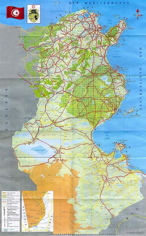 Большая детальная туристическая карта Туниса со всеми дорогами