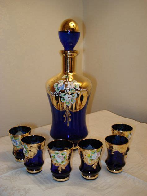 Cobalt Blue Murano Venetian Decanter Set With Gold And Flowers Decanter Set Bohemian Glass