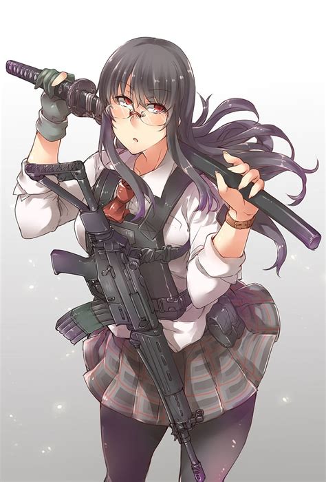 Anime Chicas Anime Pelo Largo Ojos Rojos Gafas Arma Pistola Espada Katana Fondo De