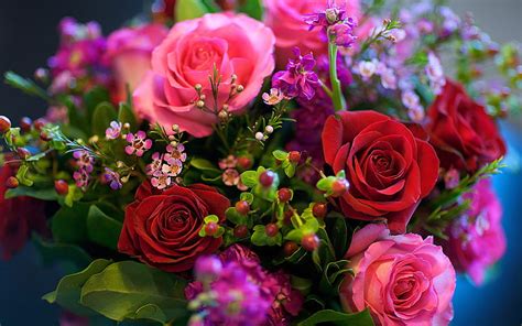 Bouquet Of Flowers Red Flowers Leaves Pink Hd Wallpaper Peakpx