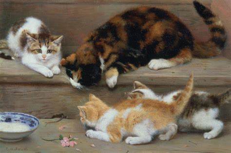 Cat And Kittens Chasing A Mouse Painting By Rosa Jameson