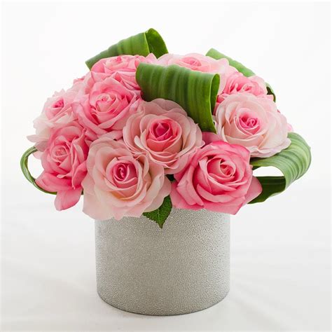 Real Touch Pink Rose Arrangement In Round Metallic Vase For