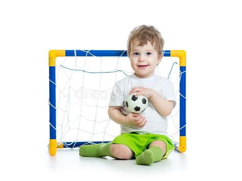Kid Football Player Holding Soccer Ball Stock Image Image Of Cute