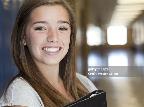 Usa Utah Spanish Fork Portrait Of School Girl Holding File In Corridor