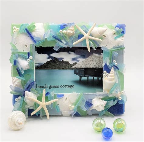 Artisan Handmade Sea Glass Frame Beach Glass Picture Frame Seaglass Beach Grass Cottage