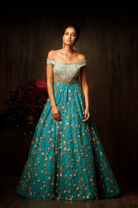 A Truly Magnificent Pagoda Blue Gown With An Off Shoulder Bodice Which
