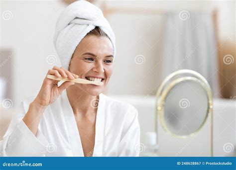 Attractive Adult Lady Brushing Teeth After Shower Stock Image Image