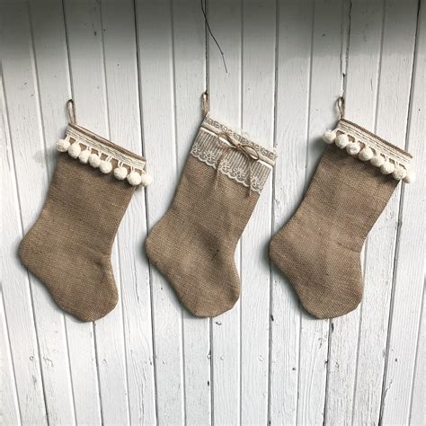 Natural Burlap Pom Pom And Lace Christmas Stockings Choose Your Design