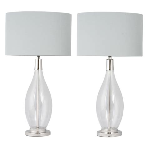 Pair Of Contemporary 55cm Glass And Chrome Table Lamp Bedside Grey Linen