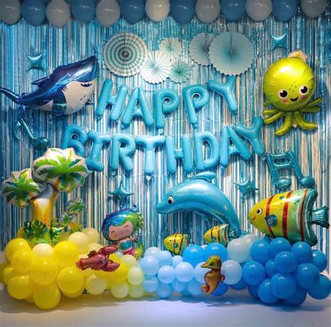 Baby shark theme birthday cake, it was 2 tier butter almond cake with icing frosting. Happy Birthday Party Decoration set - Ocean/ Shark/under ...