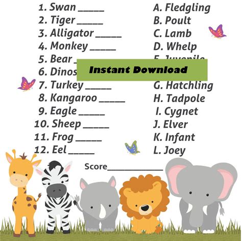 Baby Animal Names Baby Shower Game Baby Animal Match Shower Game