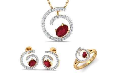 Verica Ruby Pendant Earring And Ring Set In Gold With Diamonds
