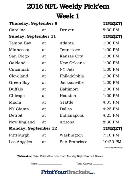 Printable Nfl Week Schedule Printable World Holiday Hot Sex Picture