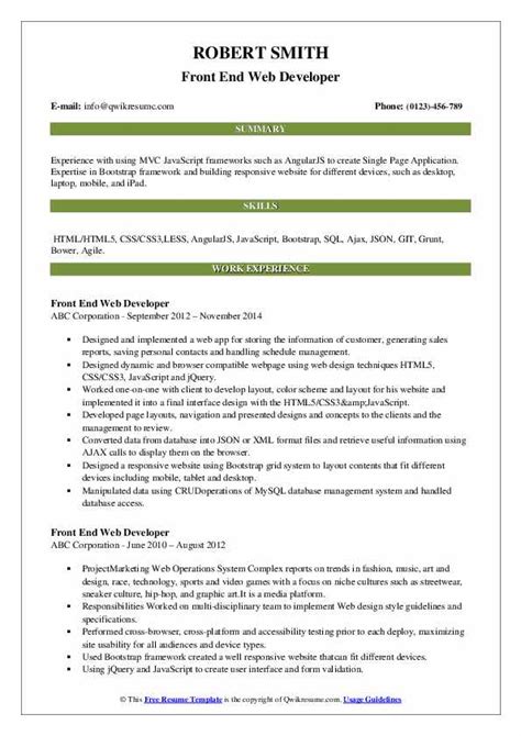 We have prepared a front end web developer resume sample that will convince the hiring manager that you fit the job to a tee. Front End Web Developer Resume Samples | QwikResume