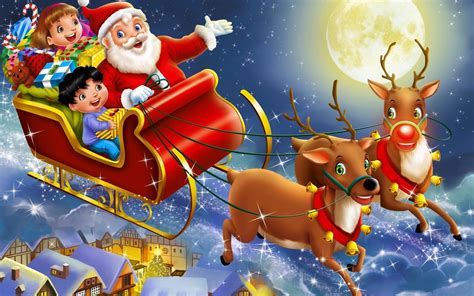 Santa Claus Coming To Town Riding His Reindeer Sleigh Flying In Sky Images