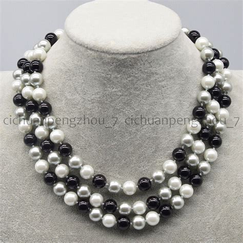 3 Rows 810mm White Gray Black South Sea Shell Pearl Round Beads