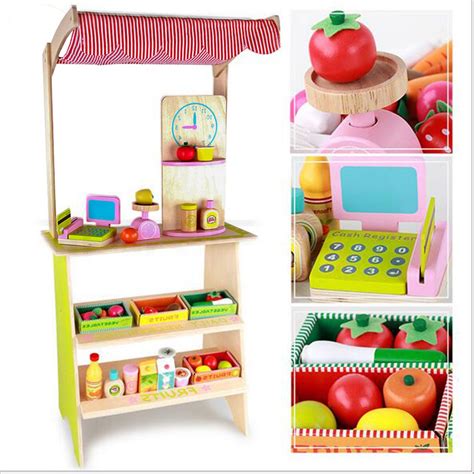 Kids Wooden Toy Pretend Play Marketplace Stand Fruit Veg Shop Stall