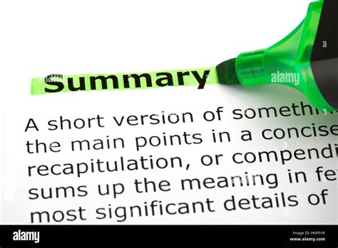 Dictionary definition of the word Summary highlighted with green marker