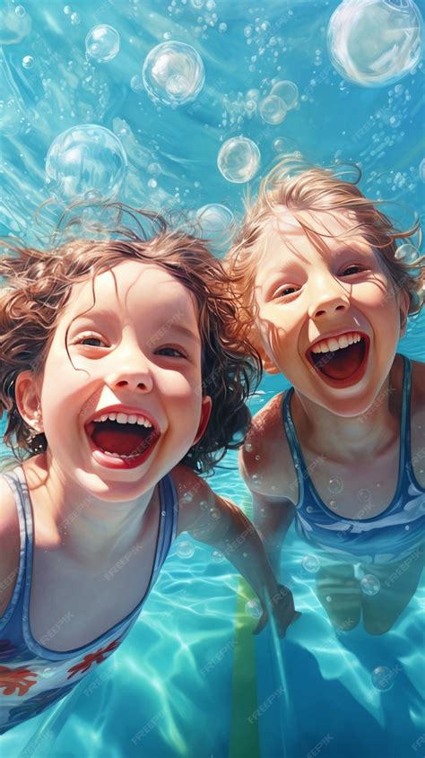 Premium Ai Image Two Little Girls Swimming In A Pool With Bubbles
