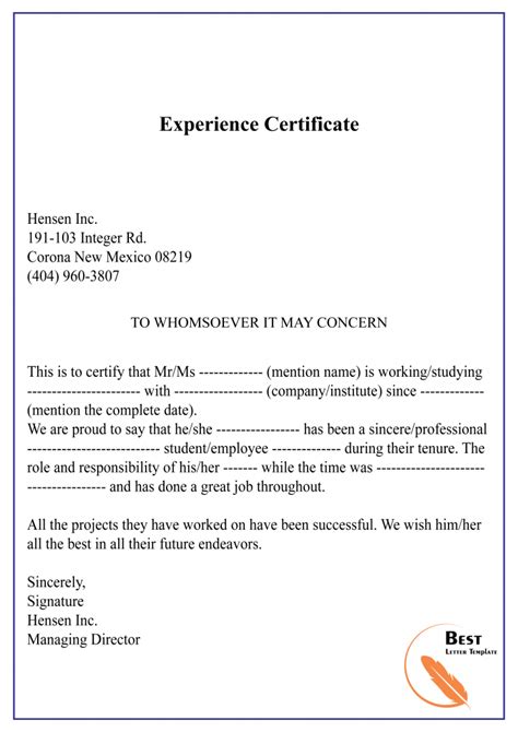 10 Free Experience Certificate Sample And Example