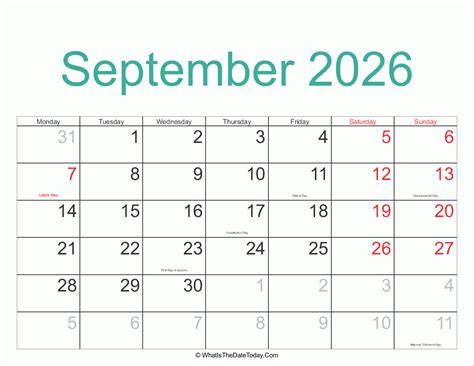 September 2026 Calendar Printable With Holidays Whatisthedatetodaycom