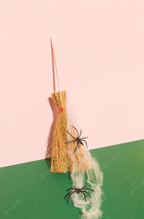 Premium Photo Minimal Halloween Scene With Broom Spider Web And