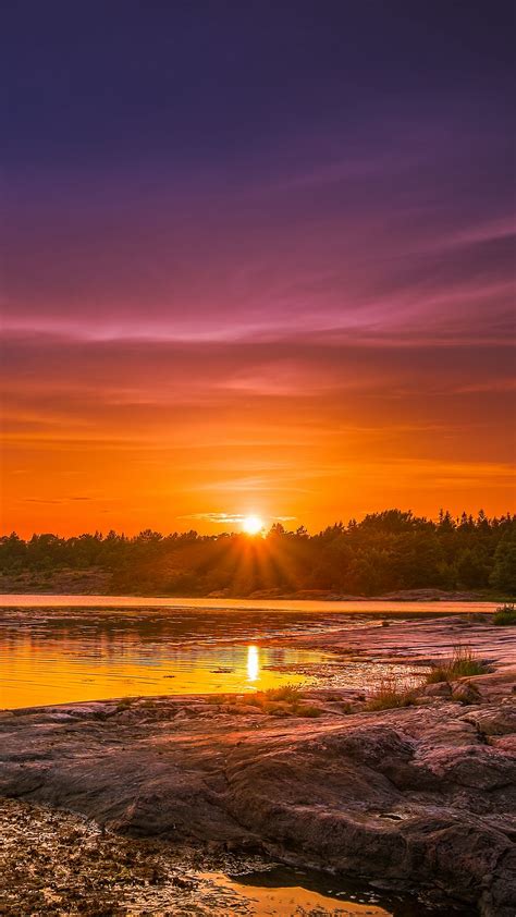 Download Wallpaper 1350x2400 River Water Shore Sunset Trees Iphone
