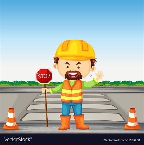 Road Worker Holding Stop Sign On The Royalty Free Vector