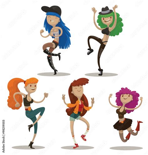 Vector Set Of Dancing Club Girls Cartoon Image Of Five Funny Dancing