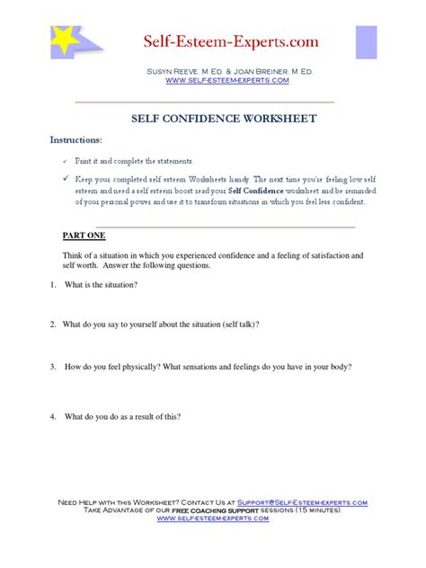 Self Confidence Worksheet Instructions Pdf Self Esteem Applied