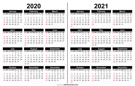 2020 And 2021 Monthly Calendar Free Letter Templates