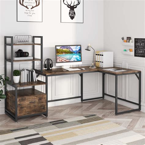 buy tribesigns l shaped computer desk l shaped desk with 3 tier storage bookshelves and file