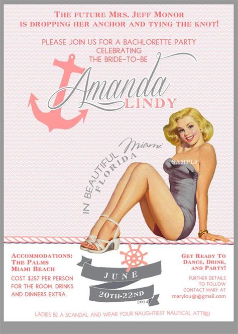 Pink And Gray Nautical Vintage Pin Up Girl Invitation Bachelorette Party Hens Night Lingerie