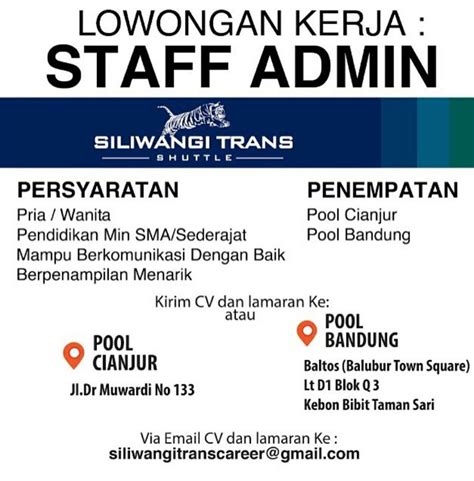 Pjtkiresmi.com adalah perusahaan penyalur tki resmi, profesional, & terpercaya. Lowongan Kerja Siliwangi Trans (Bandung & Cianjur) Tahun ...