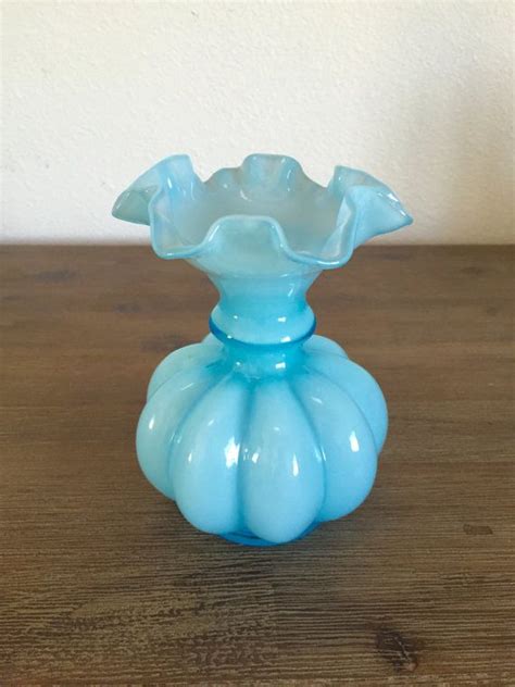 Fenton Melon Vase Light Blue Overlay Ruffled Edge Glass Vase Fenton Glass Vase Blue Fenton