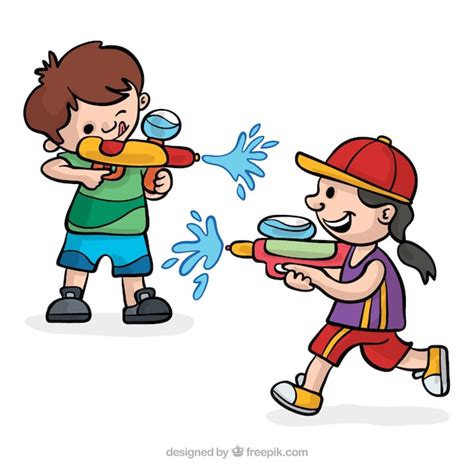 Niños Felices Jugando Con Pistolas De Agua Descargar Vectores Gratis
