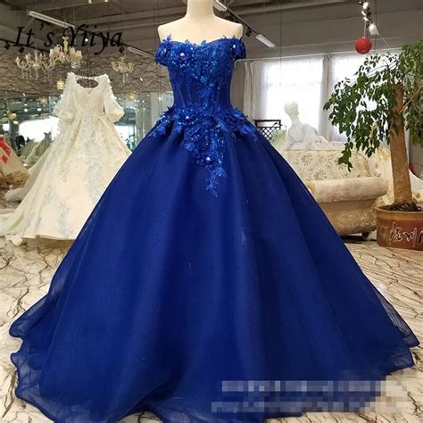 Its Yiiya Hot Royal Blue Flowers Bride Gown Luxury Trailing Wedding