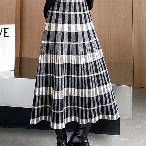 Tigena Vintage Plaid Knitted Long Skirt For Women Autumn Winter Elegant