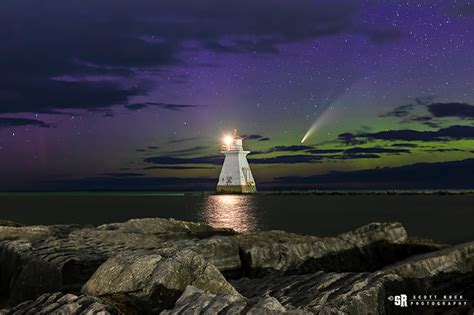 Celestial Magic Northern Lights And Comet Over Lighthouse On Lake Huron