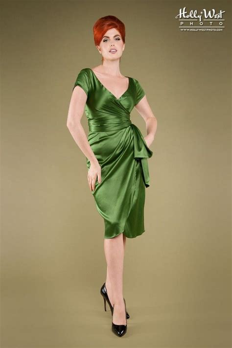 Elegant Wrap Evening Dress With Plunging Neckline In Jade Green Satin