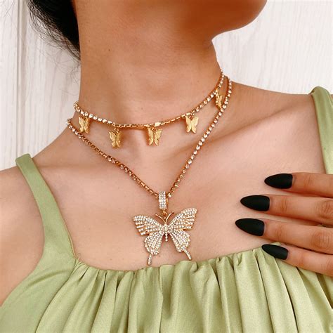 Big Butterfly Pendant Choker Necklace Rhinestone Chain For Etsy